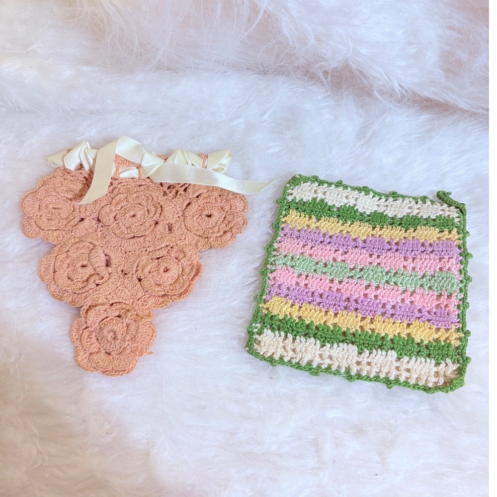 Crochet Bib Square Set Peach Multi Floral Striped Boho Vintage Style Grandma